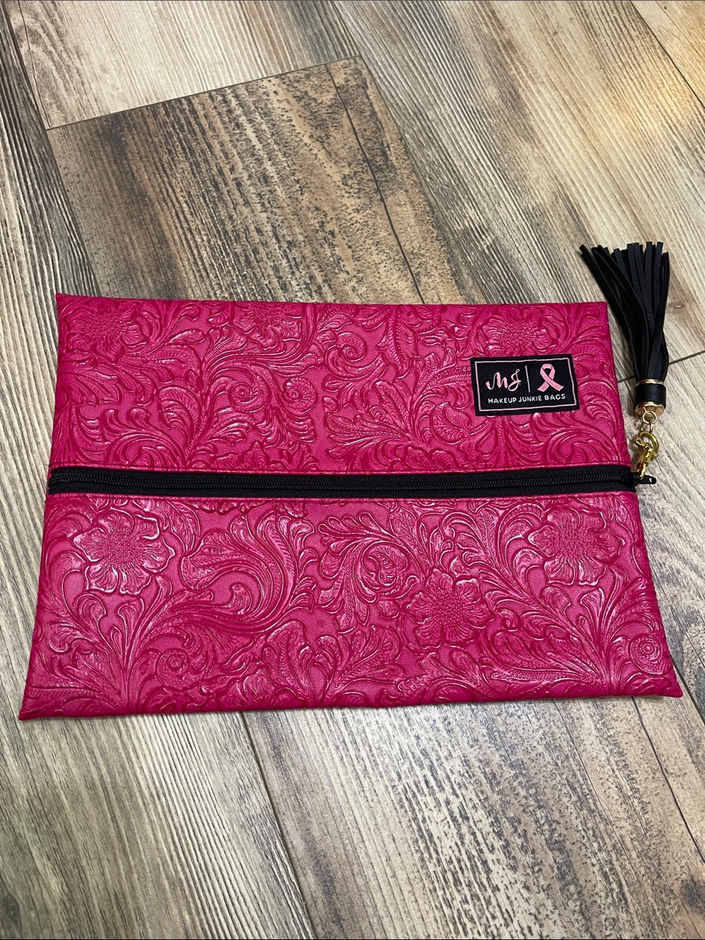 Makeup Junkie Hot Pink Embossed Cosmetic Pouch with Tassel